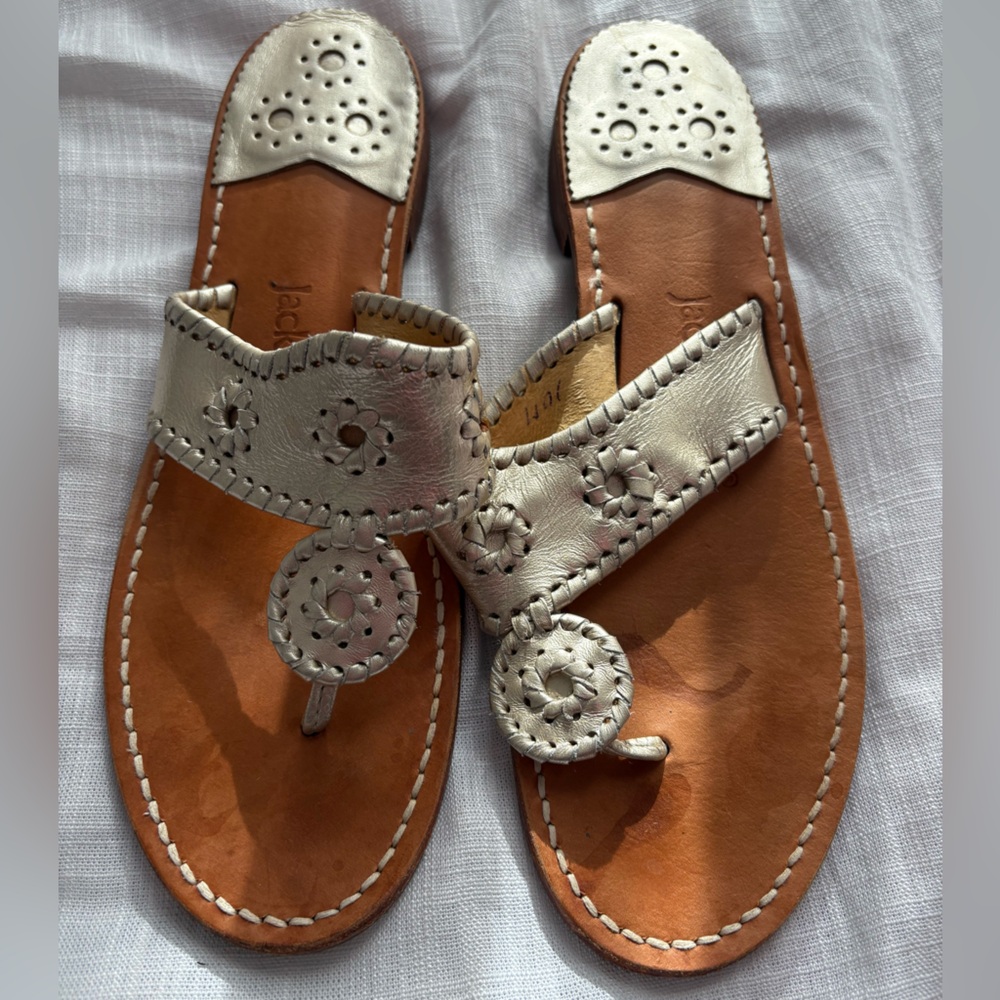 Jack Rogers Leather Flat Sandals in Gold Leather